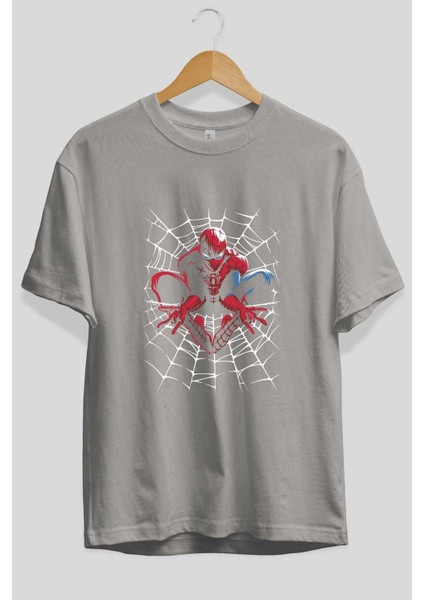 Spiderman (27) Ön Baskılı Gri Oversize T-Shirt Bisiklet Yaka Pamuk Erkek Kadın fiyatları