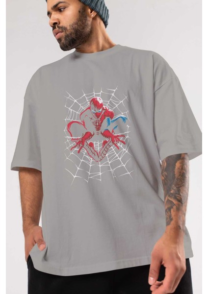 Spiderman (27) Ön Baskılı Gri Oversize T-Shirt Bisiklet Yaka Pamuk Erkek Kadın modelleri