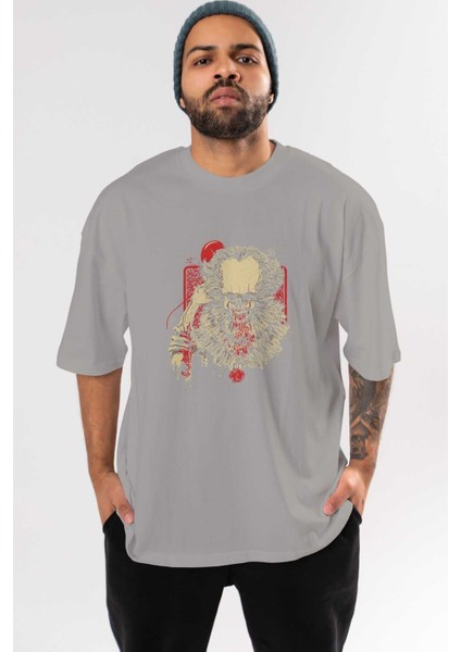It (2) Ön Baskılı Gri Oversize T-Shirt Bisiklet Yaka Pamuk Erkek Kadın
