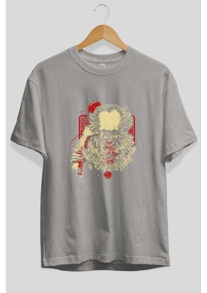 It (2) Ön Baskılı Gri Oversize T-Shirt Bisiklet Yaka Pamuk Erkek Kadın fiyatları