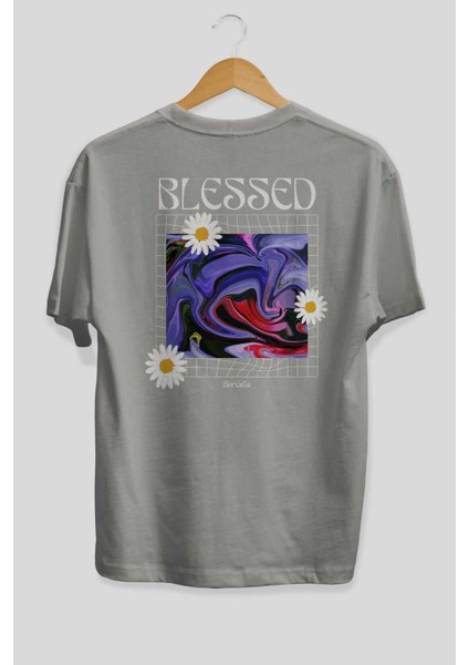 Blessed Arka Baskılı Gri Oversize T-Shirt Unisex Erkek Kadın Bisiklet Yaka fiyatları