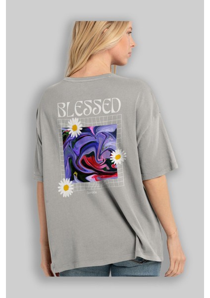 Blessed Arka Baskılı Gri Oversize T-Shirt Unisex Erkek Kadın Bisiklet Yaka modelleri