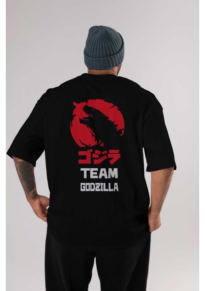Team Godzilla Arka Baskılı Siyah Oversize T-Shirt Bisiklet Yaka Pamuk Erkek Kadın