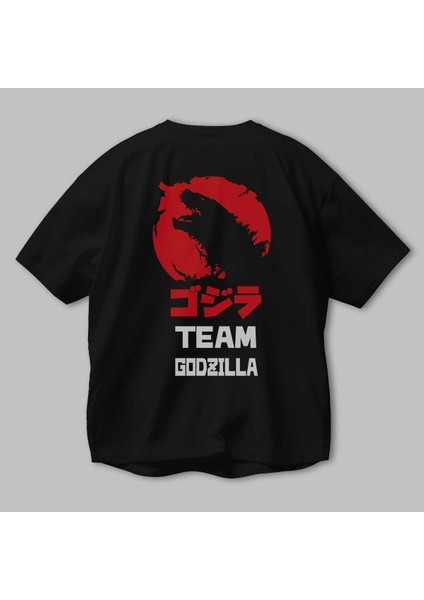 Team Godzilla Arka Baskılı Siyah Oversize T-Shirt Bisiklet Yaka Pamuk Erkek Kadın modelleri