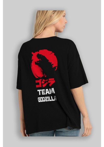 Team Godzilla Arka Baskılı Siyah Oversize T-Shirt Bisiklet Yaka Pamuk Erkek Kadın fırsatları