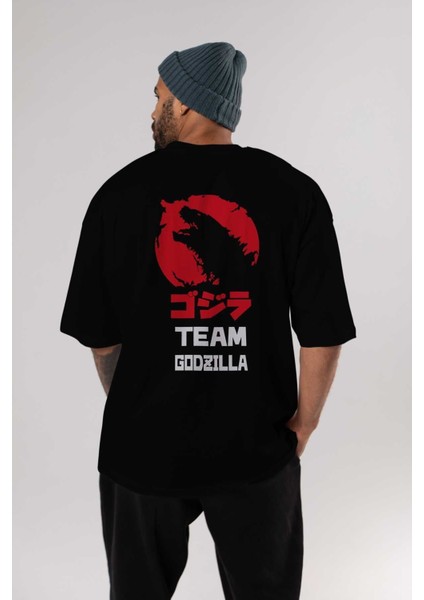 Team Godzilla Arka Baskılı Siyah Oversize T-Shirt Bisiklet Yaka Pamuk Erkek Kadın indirimleri