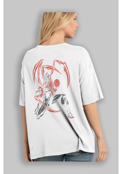 Spiderman (16) Arka Baskılı Beyaz Oversize T-Shirt Bisiklet Yaka Pamuk Erkek Kadın modelleri