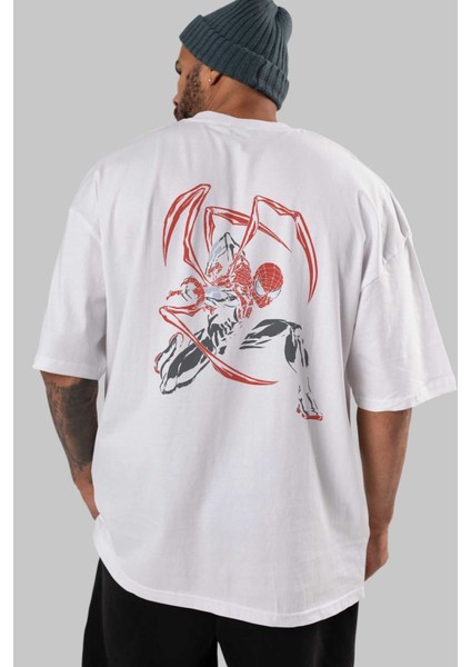 Spiderman (16) Arka Baskılı Beyaz Oversize T-Shirt Bisiklet Yaka Pamuk Erkek Kadın indirimleri