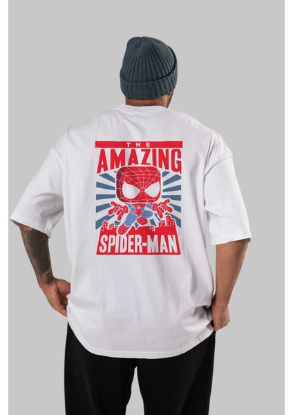 Spiderman (20) Arka Baskılı Beyaz Oversize T-Shirt Bisiklet Yaka Pamuk Erkek Kadın