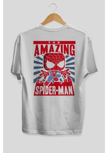 Spiderman (20) Arka Baskılı Beyaz Oversize T-Shirt Bisiklet Yaka Pamuk Erkek Kadın fiyatları