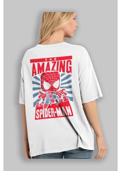 Spiderman (20) Arka Baskılı Beyaz Oversize T-Shirt Bisiklet Yaka Pamuk Erkek Kadın modelleri