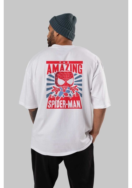 Spiderman (20) Arka Baskılı Beyaz Oversize T-Shirt Bisiklet Yaka Pamuk Erkek Kadın fırsatları