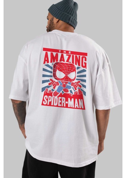 Spiderman (20) Arka Baskılı Beyaz Oversize T-Shirt Bisiklet Yaka Pamuk Erkek Kadın indirimleri