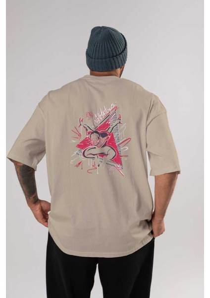 Spiderman (23) Arka Baskılı Bej Oversize T-Shirt Bisiklet Yaka Pamuk Erkek Kadın
