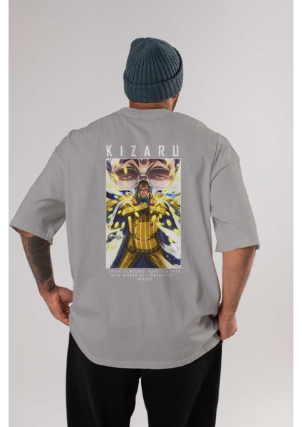 Kizaru Arka Baskılı Gri Oversize T-Shirt Unisex Erkek Kadın Bisiklet Yaka