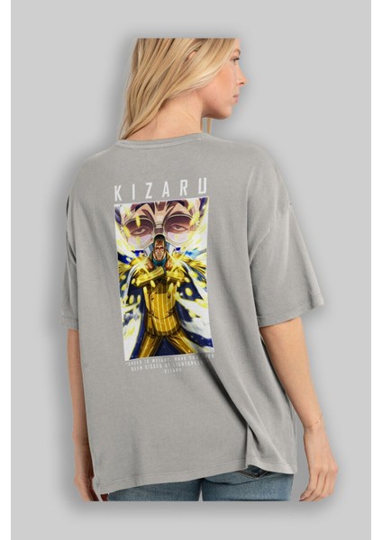 Kizaru Arka Baskılı Gri Oversize T-Shirt Unisex Erkek Kadın Bisiklet Yaka modelleri