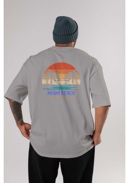 Miami Beach Yazılı Arka Baskılı Gri Oversize T-Shirt Unisex Erkek Kadın Bisiklet Yaka