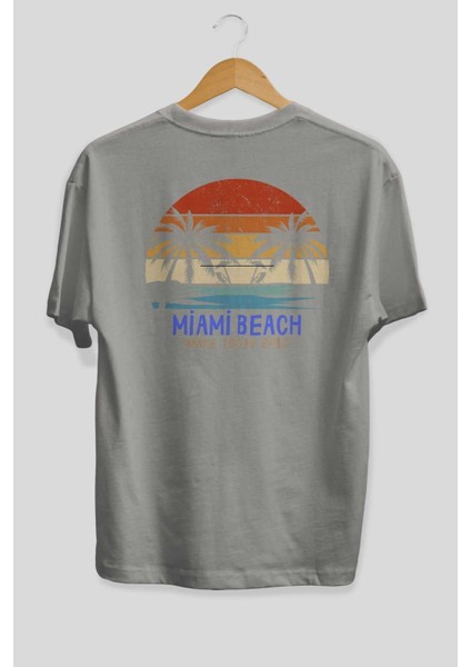Miami Beach Yazılı Arka Baskılı Gri Oversize T-Shirt Unisex Erkek Kadın Bisiklet Yaka fiyatları
