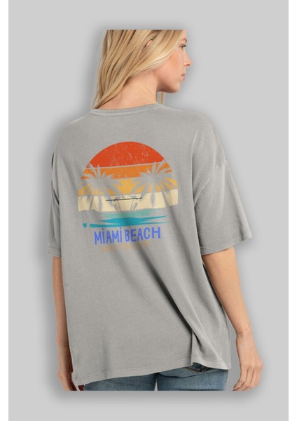 Miami Beach Yazılı Arka Baskılı Gri Oversize T-Shirt Unisex Erkek Kadın Bisiklet Yaka modelleri