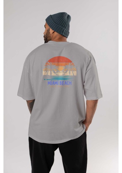 Miami Beach Yazılı Arka Baskılı Gri Oversize T-Shirt Unisex Erkek Kadın Bisiklet Yaka fırsatları