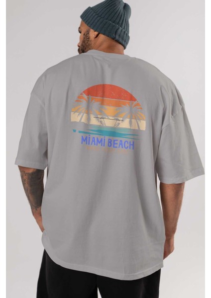 Miami Beach Yazılı Arka Baskılı Gri Oversize T-Shirt Unisex Erkek Kadın Bisiklet Yaka indirimleri
