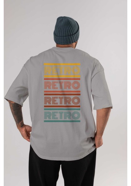 Retro Yazılı Arka Baskılı Gri Oversize T-Shirt Unisex Erkek Kadın Bisiklet Yaka