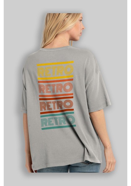 Retro Yazılı Arka Baskılı Gri Oversize T-Shirt Unisex Erkek Kadın Bisiklet Yaka modelleri