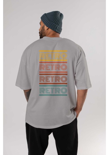 Retro Yazılı Arka Baskılı Gri Oversize T-Shirt Unisex Erkek Kadın Bisiklet Yaka fırsatları