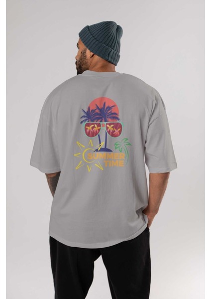 Summer Time Yazılı Arka Baskılı Gri Oversize T-Shirt Unisex Erkek Kadın Bisiklet Yaka fırsatları