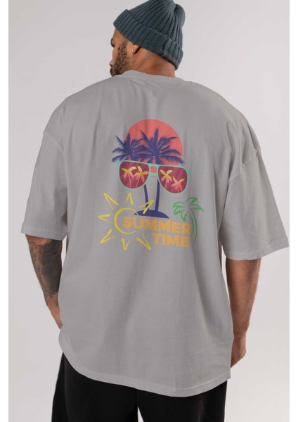 Summer Time Yazılı Arka Baskılı Gri Oversize T-Shirt Unisex Erkek Kadın Bisiklet Yaka indirimleri