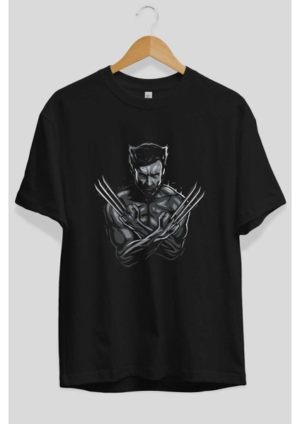 Wolverine Ön Baskılı Siyah Oversize T-Shirt Bisiklet Yaka Erkek Kadın