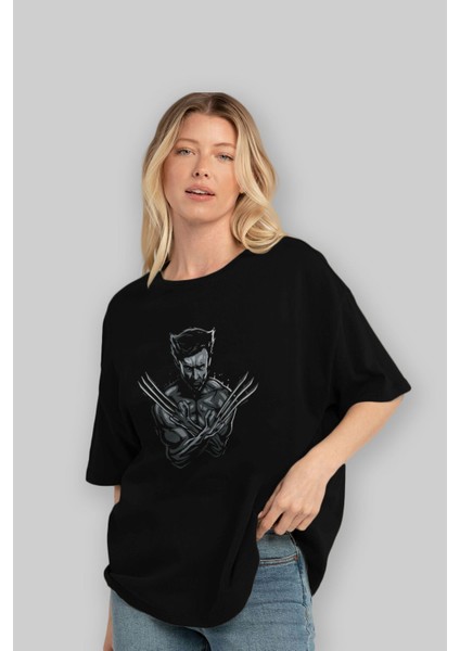 Wolverine Ön Baskılı Siyah Oversize T-Shirt Bisiklet Yaka Erkek Kadın