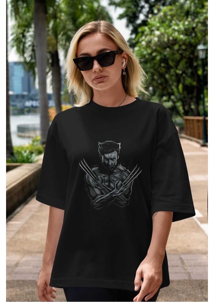 Wolverine Ön Baskılı Siyah Oversize T-Shirt Bisiklet Yaka Erkek Kadın