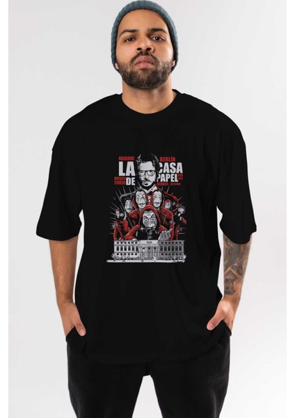 La Casa De Papel (2) Ön Baskılı Siyah Oversize T-Shirt Bisiklet Yaka Erkek Kadın