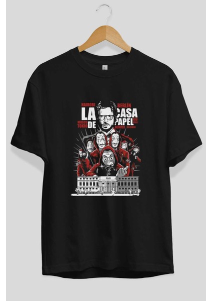 La Casa De Papel (2) Ön Baskılı Siyah Oversize T-Shirt Bisiklet Yaka Erkek Kadın