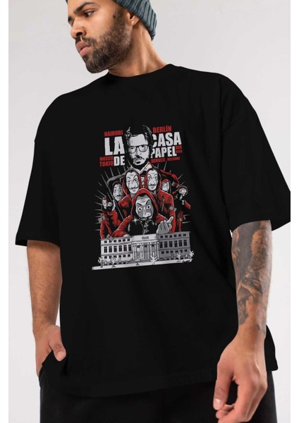 La Casa De Papel (2) Ön Baskılı Siyah Oversize T-Shirt Bisiklet Yaka Erkek Kadın