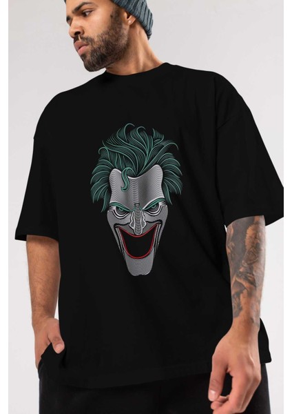 Joker (1) Ön Baskılı Siyah Oversize T-Shirt Bisiklet Yaka Erkek Kadın modelleri