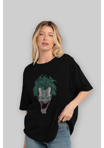 Joker (1) Ön Baskılı Siyah Oversize T-Shirt Bisiklet Yaka Erkek Kadın fırsatları