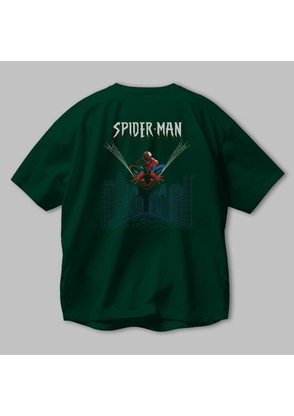 Spiderman (22) Arka Baskılı Zümrüt Yeşili Oversize T-Shirt Bisiklet Yaka Erkek Kadın modelleri