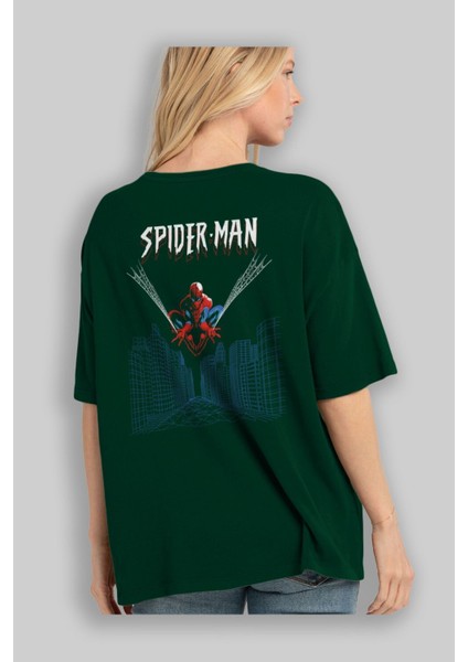 Spiderman (22) Arka Baskılı Zümrüt Yeşili Oversize T-Shirt Bisiklet Yaka Erkek Kadın fırsatları