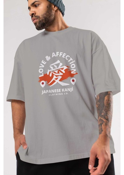 Love Affection Yazılı Ön Baskılı Gri Oversize T-Shirt Unisex Erkek Kadın Bisiklet Yaka modelleri