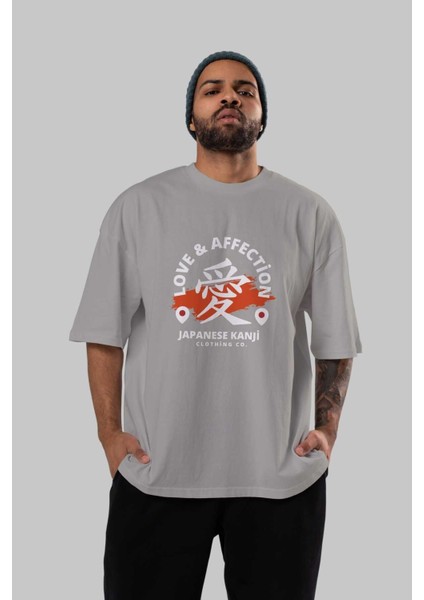 Love Affection Yazılı Ön Baskılı Gri Oversize T-Shirt Unisex Erkek Kadın Bisiklet Yaka indirimleri