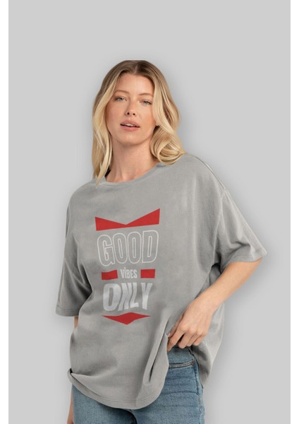 Good Vibes Only Yazılı 2 Ön Baskılı Gri Oversize T-Shirt Unisex Erkek Kadın Bisiklet Yaka fırsatları