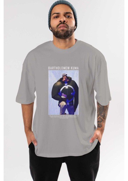 Bartholomew Kuma Ön Baskılı Gri Oversize T-Shirt Unisex Erkek Kadın Bisiklet Yaka