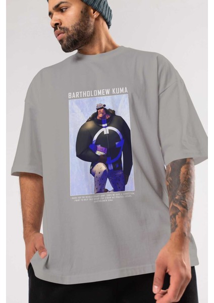 Bartholomew Kuma Ön Baskılı Gri Oversize T-Shirt Unisex Erkek Kadın Bisiklet Yaka modelleri
