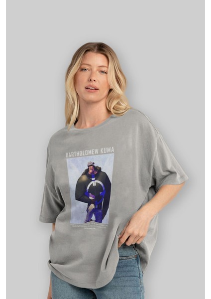 Bartholomew Kuma Ön Baskılı Gri Oversize T-Shirt Unisex Erkek Kadın Bisiklet Yaka fırsatları