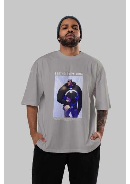 Bartholomew Kuma Ön Baskılı Gri Oversize T-Shirt Unisex Erkek Kadın Bisiklet Yaka indirimleri