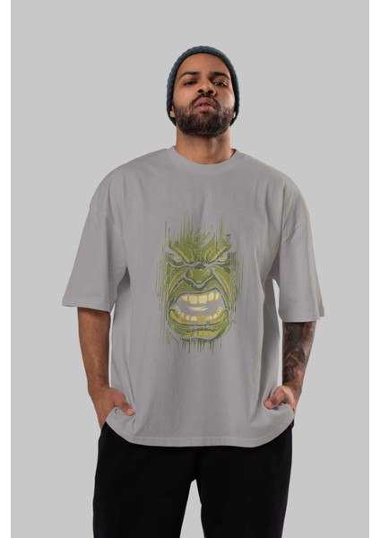 Hulk (3) Ön Baskılı Gri Oversize T-Shirt Bisiklet Yaka Pamuk Erkek Kadın indirimleri
