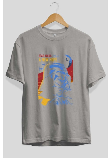 Star Wars Ön Baskılı Gri Oversize T-Shirt Bisiklet Yaka Pamuk Erkek Kadın fiyatları