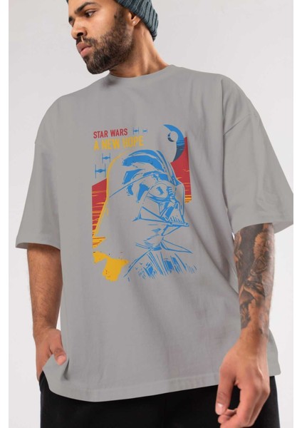 Star Wars Ön Baskılı Gri Oversize T-Shirt Bisiklet Yaka Pamuk Erkek Kadın modelleri